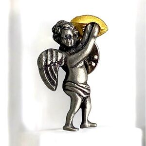 Vintage Stamped CAMCO Pewter Cherub Angel Gold-Tone Football Lapel Pin